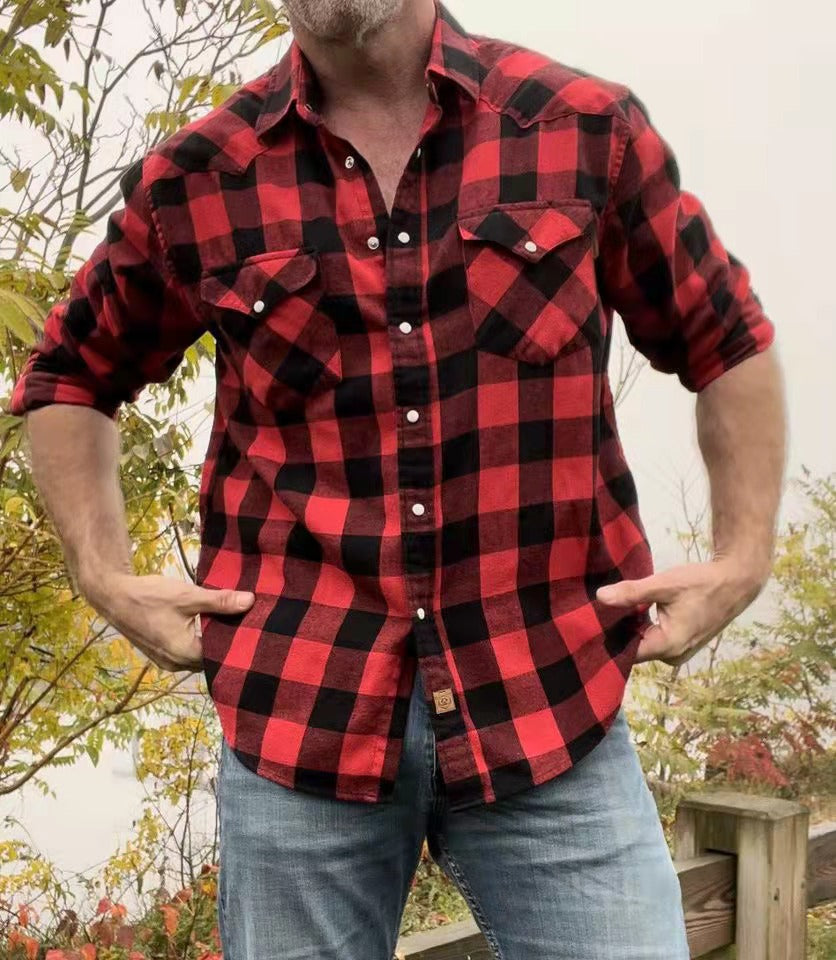 Mens Buffalo Plaid Flannel Long Sleeve Pearl Snap Buttons Western Cowboy Vintage Casual Shirts #2802