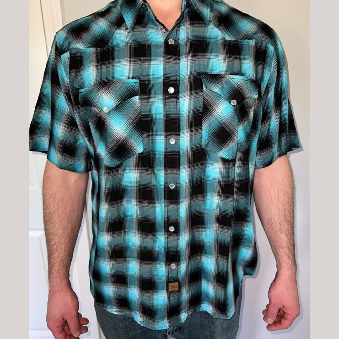 Dubinik®Bamboo Fiber Mens Shirts Short Sleeve Plaid Shirt Men Western Cowboy Pearl Snap Vintage Casual Plaid Shirt #2903