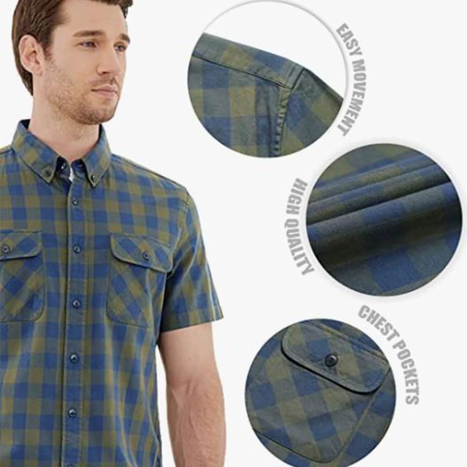 Dubinik® Mens Short Sleeve Button Down Shirts 100% Cotton Plaid Men's Casual Button-Down Shirts with Pocket#02076