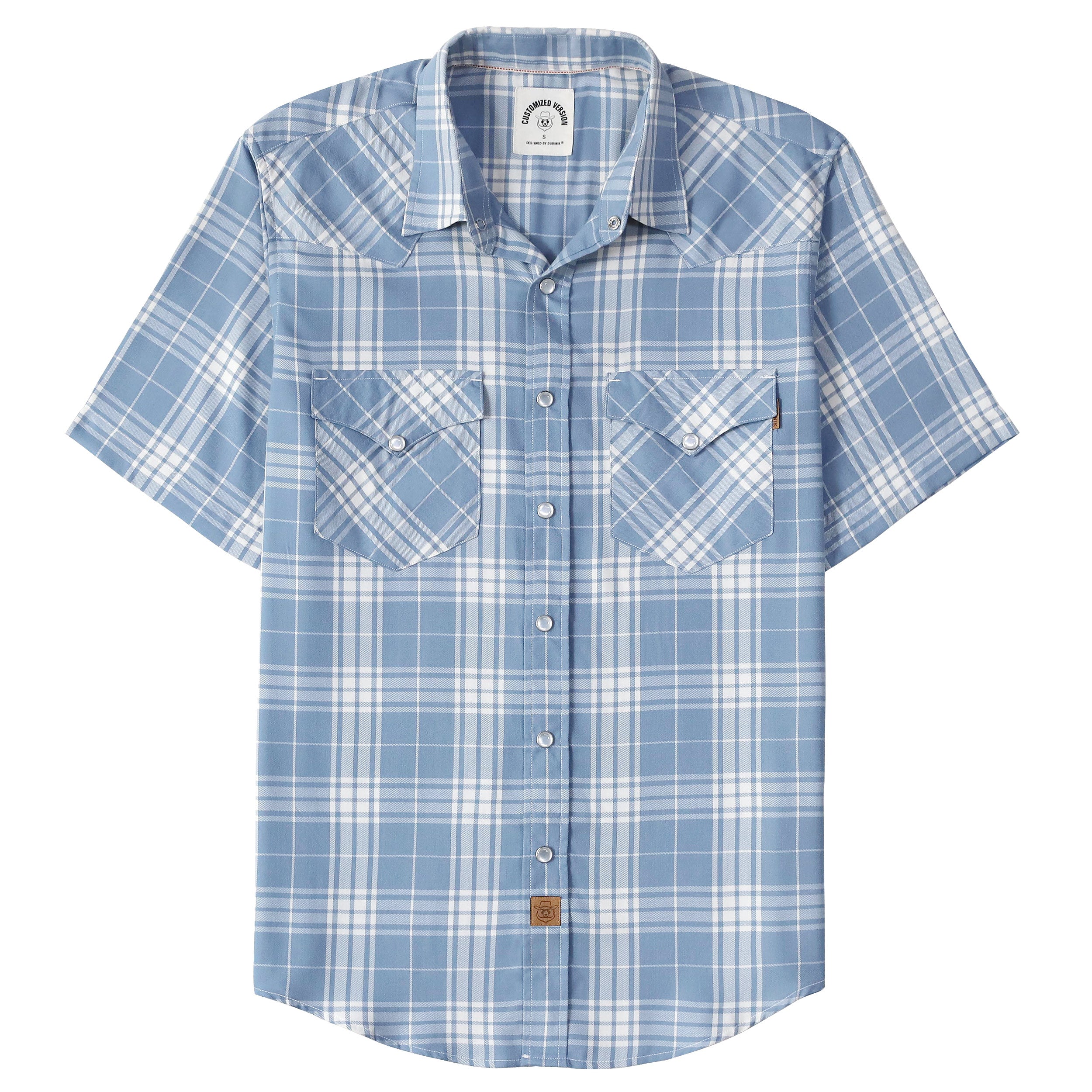 Dubinik®Bamboo Fiber Mens Western Cowboy Pearl Snap Checkered Blue White Plaid Vintage Casual Short Sleeve Shirt #2914